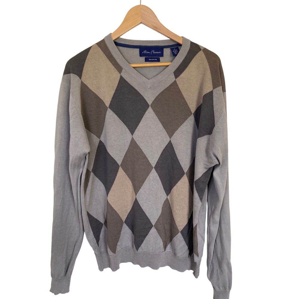 Alan Flusser Mens Grey Argyle V-Neck Sweater Silk Cotton Blend Size‎ Large